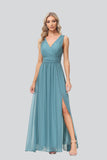 Sleeveless A Line Pleated Long Bridesmaid Dresses with Slit