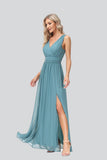 Sleeveless A Line Pleated Long Bridesmaid Dresses with Slit