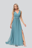 Sleeveless A Line Pleated Long Bridesmaid Dresses with Slit