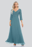 A Line 3/4 Sleeve V-neck Sequins and Chiffon Prom Dresses