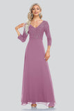 A Line 3/4 Sleeve V-neck Sequins and Chiffon Prom Dresses