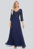 A Line 3/4 Sleeve V-neck Sequins and Chiffon Prom Dresses