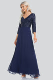 A Line 3/4 Sleeve V-neck Sequins and Chiffon Prom Dresses