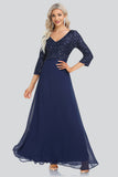 A Line 3/4 Sleeve V-neck Sequins and Chiffon Prom Dresses