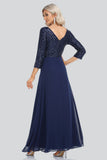 A Line 3/4 Sleeve V-neck Sequins and Chiffon Prom Dresses