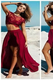 Sexy Burgundy A Line Slit Two-piece Cheap Lace Prom Dress