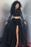 Two Pieces Long Sleeve Black Lace Top Tulle Prom Dress P1065