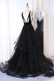 New Arrival A Line V-Neck Black Velvet Up Tulle Backless Sleeveless Long Prom Dress PH333