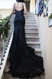 Charming Black Lace Spaghetti Strap Sweetheart Backless Mermaid Sweep Train Evening Dresses uk PH249