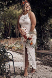 Charming Sheath Lace Bridal Gown with Slit Open Back Ivory Boho Wedding Dresses W1107