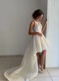 Unique Ivory Halter High Low Homecoming Dress with Lace H1095