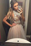 Sexy Two Piece Silver Beaded Bodice High Neck Tulle Prom Dress