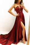 Elegant A line Strapless V Neck Burgundy Beads Prom Dresses with Slit, Party Dress P1477