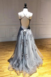 A Line Spaghetti Straps Lace Long Prom Dress with Appliques P1294