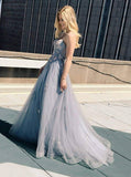 A-line Spaghetti Straps Grey Tulle Prom Dress