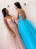 Fashion A-line Spaghetti Straps Appliques Long Prom Dress Evening Gowns