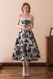 Vintage A Line Strapless Tea Length Satin Homecoming Dress With Embroidery Flowers WH16622