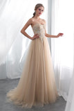 A Line Strapless Appliques Tulle Sweep Train Prom Dress WH22655