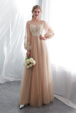 Fashion A Line Long Sleeves Appliques Floor Length Tulle Prom Dresses Wedding Dresses WH22658