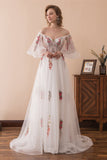 Gorgeous A Line Appliques Off The Shoulder Court Train Wedding Dress Long Prom Dress WH24606