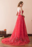 Shiny A Line Beading Red Tulle Prom Dress With Sequins Party Dress WH30604