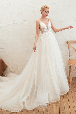 Unique A Line Spaghetti Straps Sleeveless Appliques Organza Wedding Dress WH33350