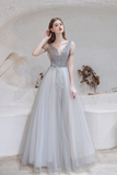 A Line V-Neck Short Sleeve Floor Length Prom Dress Sequins Party Dress WH361013