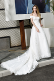 A Line Off The Shoulder Appliques Beading Tulle Chapel Train Wedding Dress WH42388