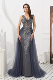 Shiny V-Neck Sleeveless Beading Tulle Sweep Train Prom Dress WH46321