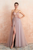 A Line Spaghetti Straps V-Neck Sleeveless Beading Split Tulle Sweep Train Prom Dress WH46359