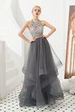 A Line Sleeveless Halter Beading Asymmetrical Organza Prom Dress WH49343