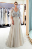 A Line V-Neck Half Sleeve Beading Split Tulle Court train Prom Dress WH54688