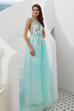 Gorgeous A Line See-through Sleeveless Beading Tulle Prom Dress WH60313