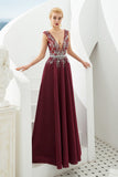 Stunning A Line Deep V-Neck Sleeveless Beading Tulle Floor Length Prom Dress WH61330