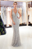 Elegant Mermaid Deep V-Neck Sleeveless Sequins Beading Tulle Sweep Train Prom Dress Party Dress WH75681