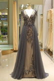 A Line Deep V-Neck Long Sleeve Beading Tulle Sweep Train Prom Dress Party Dress WH80722