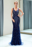 Mermaid V-Neck Sleeveless Sequins Beading Tulle Sweep Train Prom Dress Party Dress WH82691