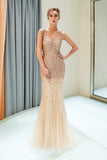 Mermaid V-Neck Sleeveless Beading Sweep Train Prom Dress Party Dress WH94687