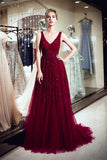 A Line V-Neck Sequins Beading Burgundy Tulle Prom Dress WH94707