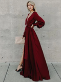 Modest A Line Long Sleeves V-Neck Prom Dresses With High Slit