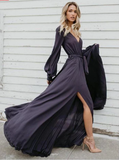 Modest A Line Long Sleeves V-Neck Prom Dresses With High Slit