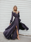 Modest A Line Long Sleeves V-Neck Prom Dresses With High Slit