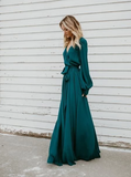 Modest A Line Long Sleeves V-Neck Prom Dresses With High Slit