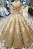 Ball Gown Gold Long Sleeves Lace Appliques Sequins Open Back Beads Quinceanera Dresses PH894