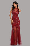 See Through Burgundy Mermaid Bateau Prom Dresses with Beading XU90816