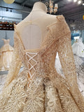 Ball Gown Gold Long Sleeves Lace Appliques Sequins Open Back Beads Quinceanera Dresses PH894