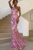 Pink Strapless Prom Dresses Glitter Sequins Sweep Train Evening Dresses