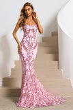 Pink Strapless Prom Dresses Glitter Sequins Sweep Train Evening Dresses