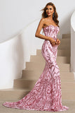 Pink Strapless Prom Dresses Glitter Sequins Sweep Train Evening Dresses