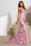 Pink Strapless Prom Dresses Glitter Sequins Sweep Train Evening Dresses